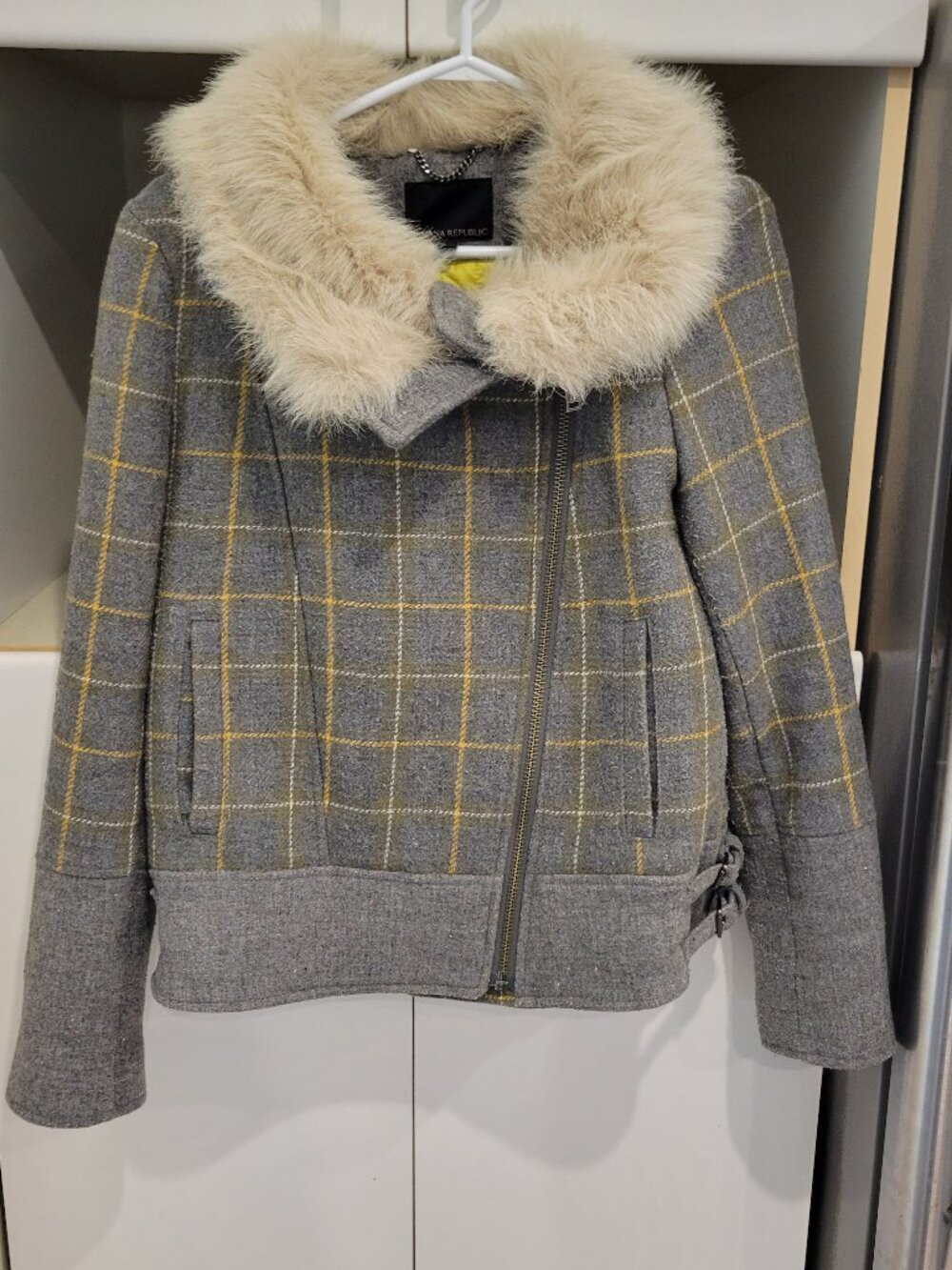 Banana Republic Plaid Moto Faux- Fur Collar Jacket